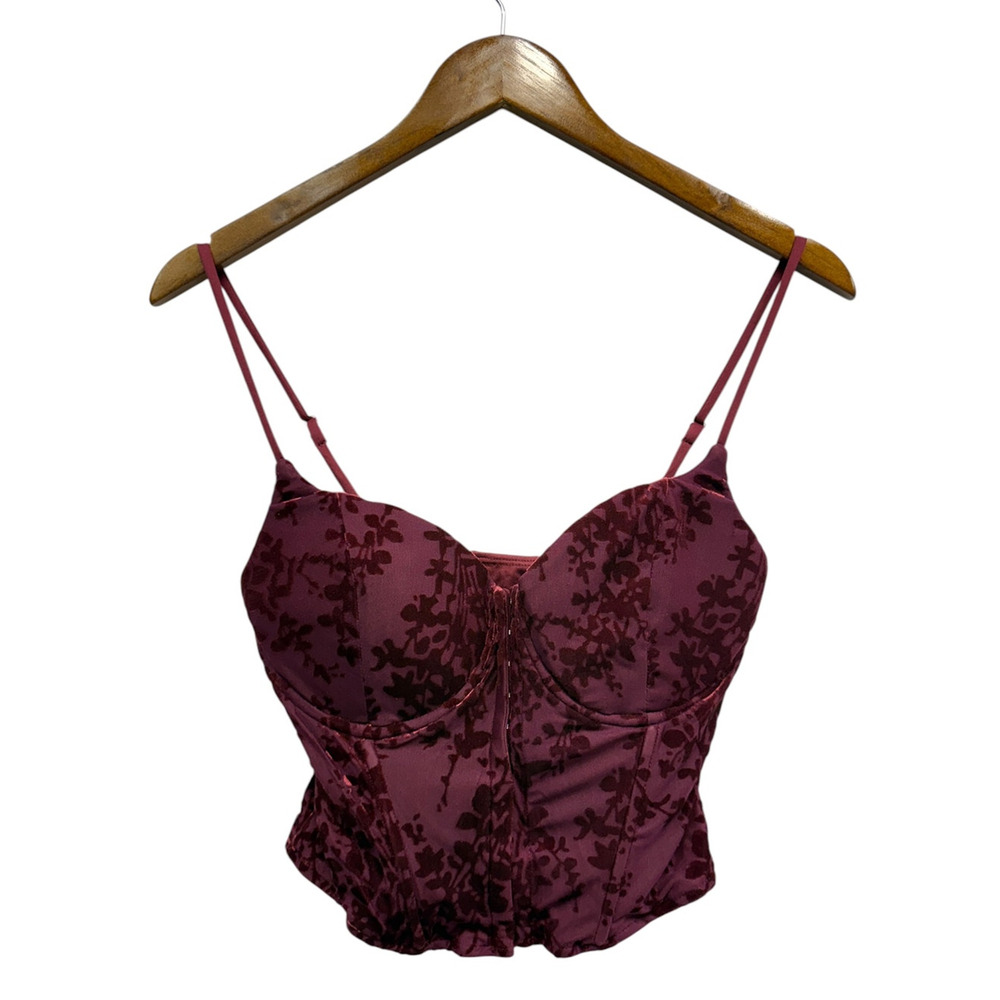 Lulus Velvet Floral Cropped Corset Tank Top in Burgundy size Medium NWT - Picture 2 of 5